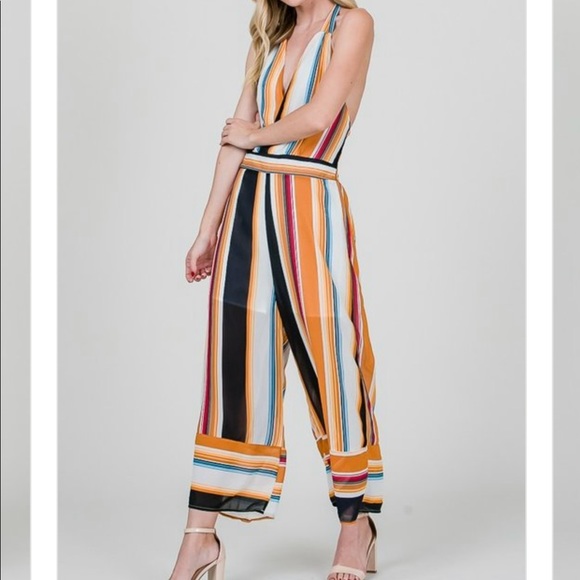STRIPE PRINT HALTER OPEN BACK PALAZZO JUMPSUIT - Picture 3 of 8